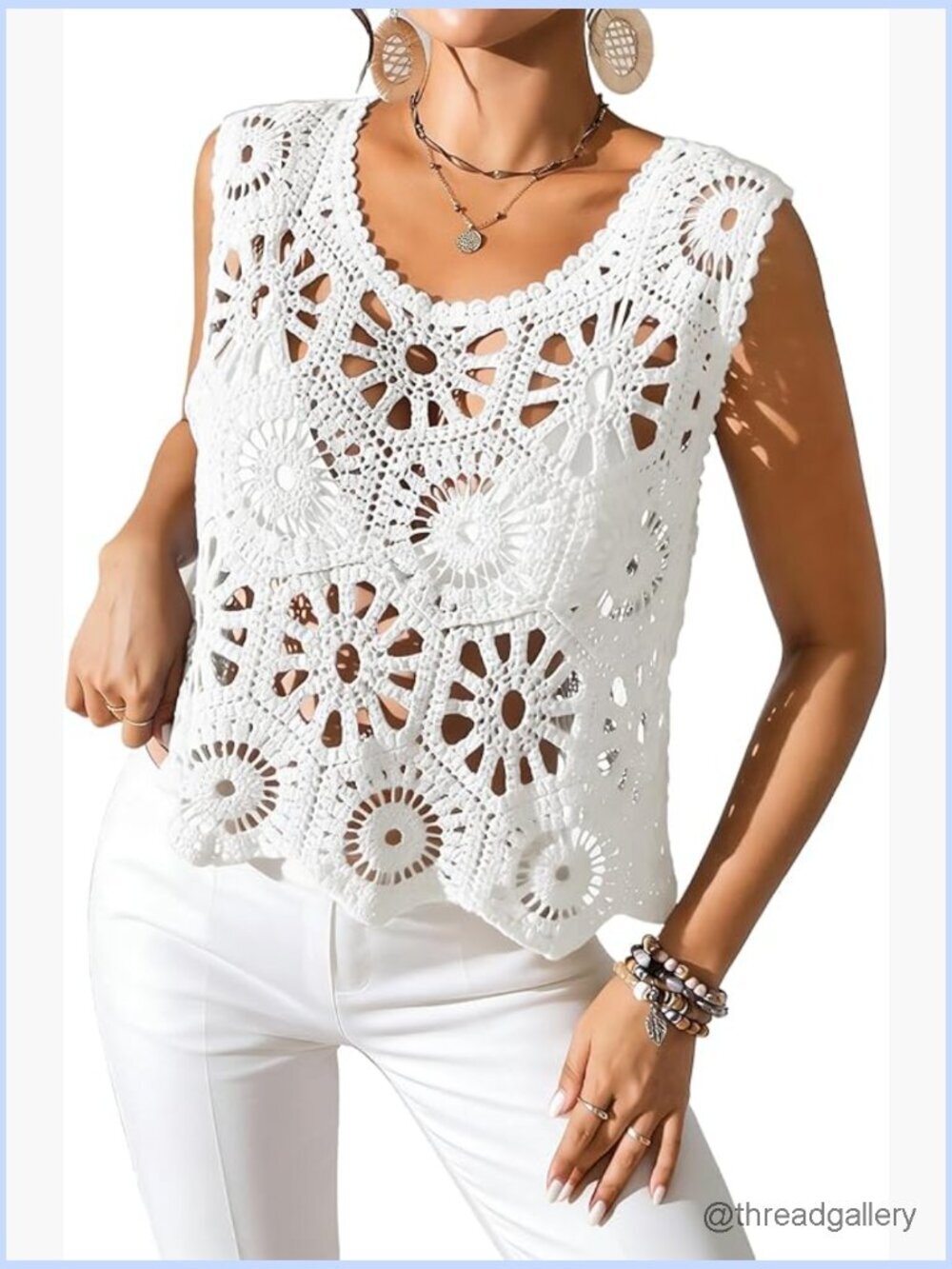 Boho Hollow Out Crochet Knit Scoop Tank Top Sleeveless Cami Loose Fit Beachwear